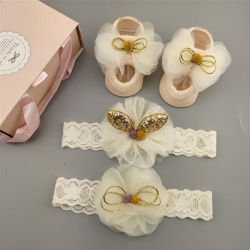 Flower Baby Girl Headband Socks Set Shoes With  Crown Bows Newborn Headbands For Girls Turban Baby Hair Accessories