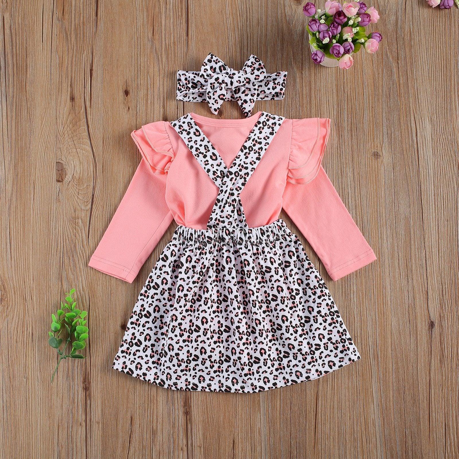 Baby Girl Dress Set Round Neck Long Sleeve Letter Printed Romper Leopard Bow Short Suspender Skirt Headband