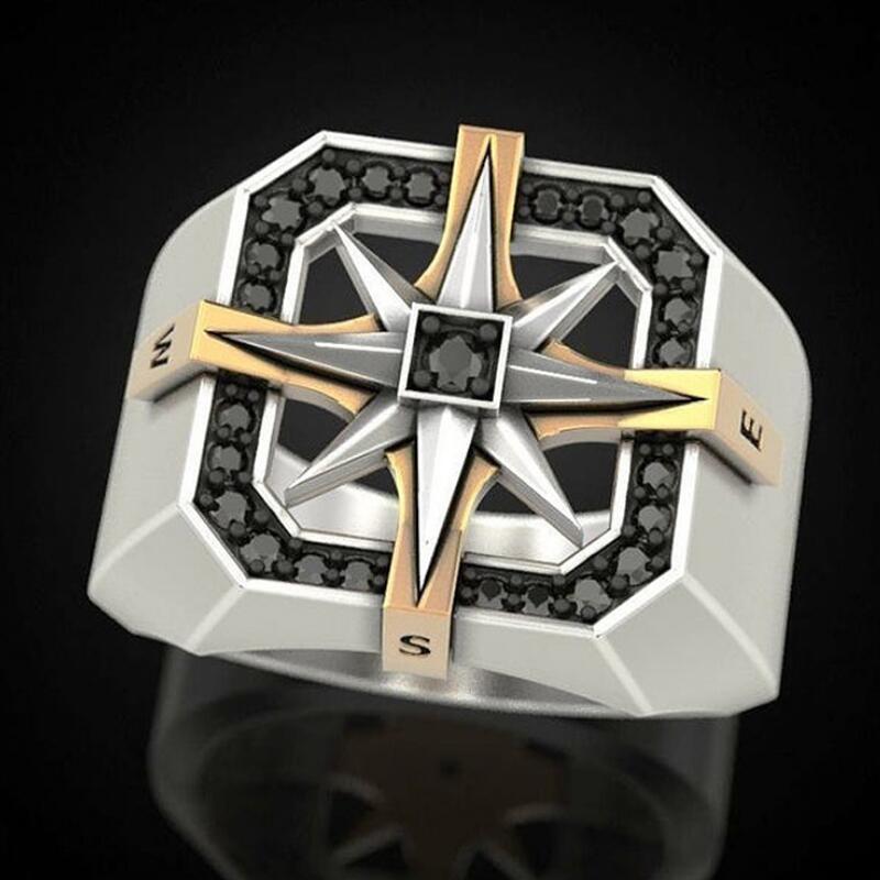 Unique Design Men's Creative Vintage Rings Stainless Steel AAA Zircon Inlay Two Tone Viking Compass Ring for Men Weeding Luxury Design