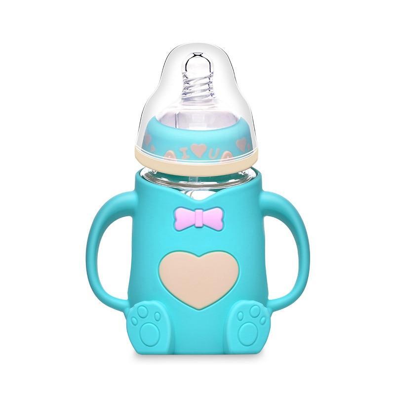 Infant Cartoon Baby Cute Feeding Glass Bottle Safe Silicone Milk Bottle With Handle Newborn Drink Training Colorful Feeding Bottles