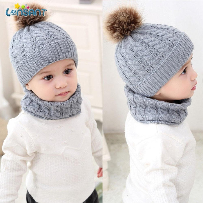 Trend New Toddler Hat Baby Girls and Boys Winter Warm Knitted Wool Hemming Hat Beanie Cap and Warm Scarf