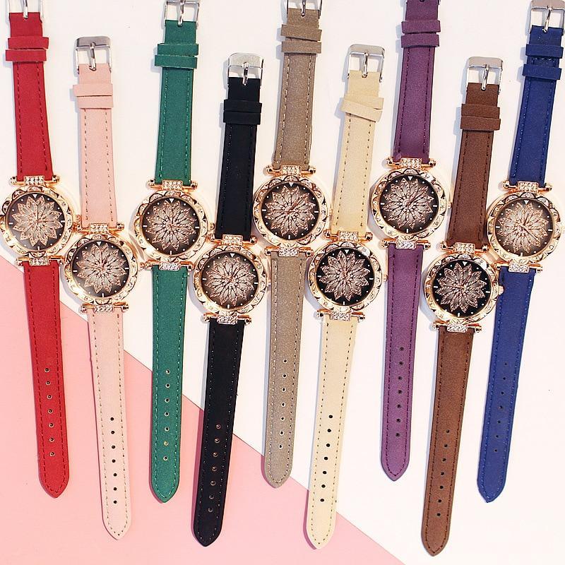 Women Elegant Popular Watch Set Starry Sky Ladies Bracelet Watch Casual Leather Sports Quartz Wristwatch For Women and Girls