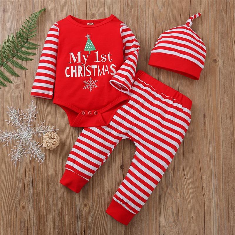 3PCS  Romper Jumpsuits+Striped Pant Christmas Clothes Set Kids for Infant Boys/Girls In Christmas Printed Design