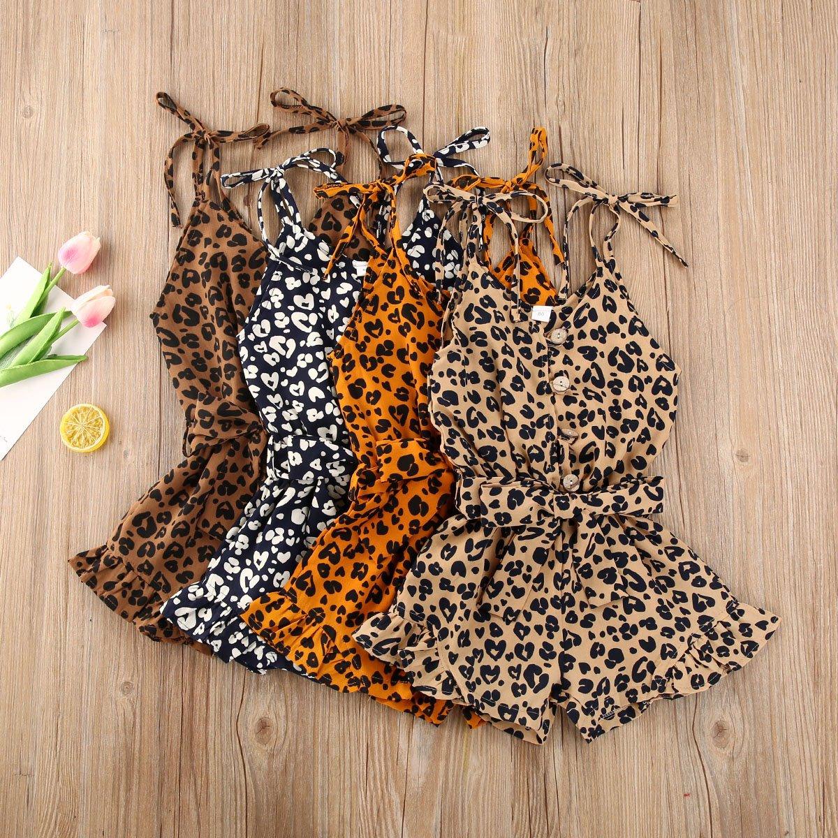 Baby Girls Leopard Rompers Sleeveless Button Playsuit Jumpsuits Fashion Outfits For Girls Kids Between 2-6 Years