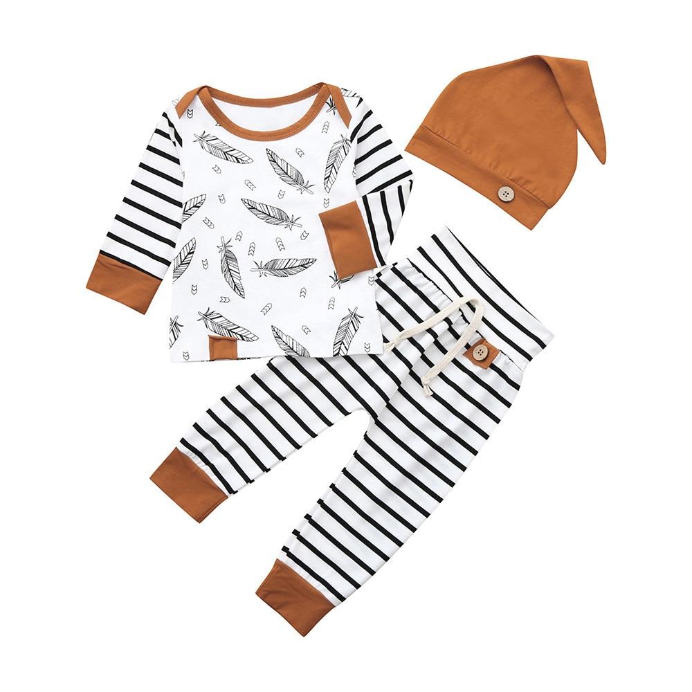 Modern Newborn Baby Boy Clothes Feather T shirt Tops Strip Pants Set For Kids