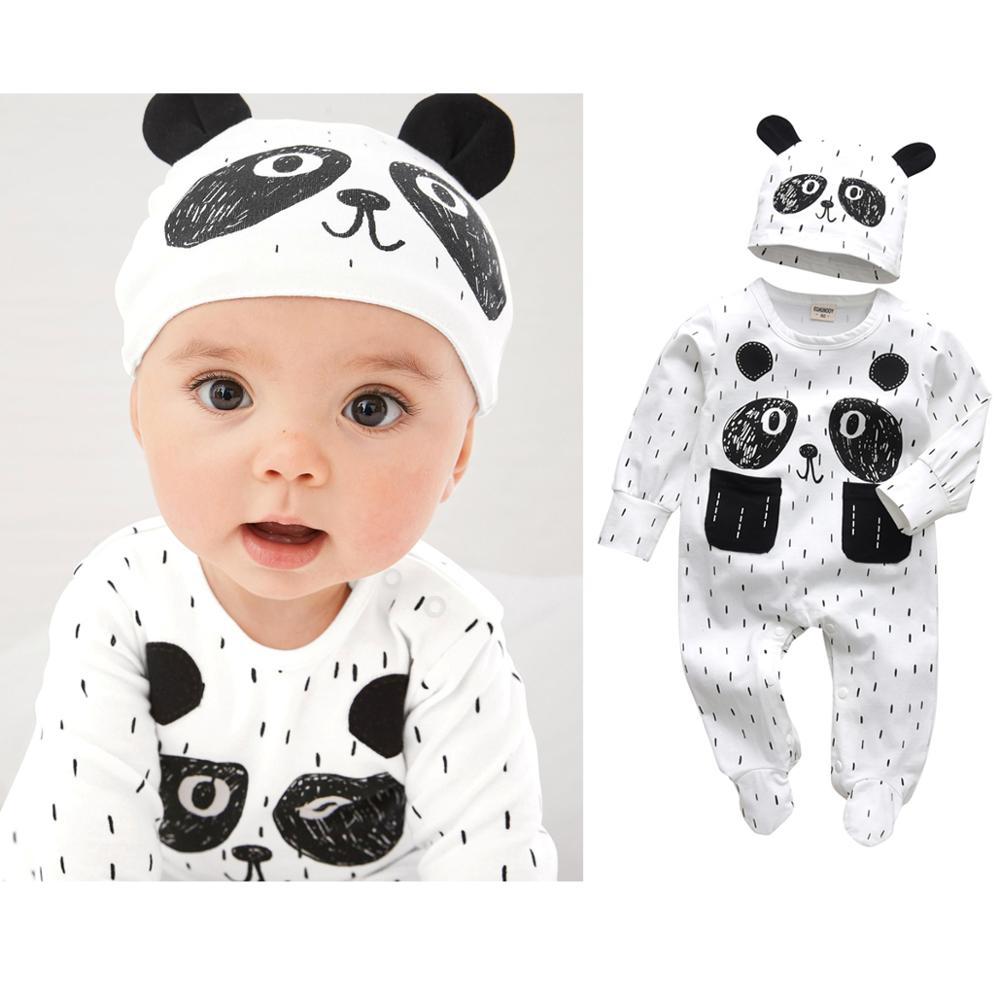 Newborn Baby Boys Romper Clothes Cotton Cute Cartoon Print Long Sleeve Jumpsuit Hat 2 Pcs