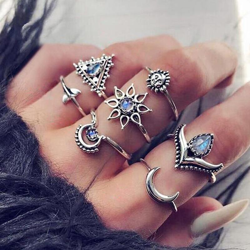 Boho Women Rings Set Compass Arrow Starfish Wave Moon Eyes Gem Gold Silver Color Opening Midi Ring Charm Lady Jewelry