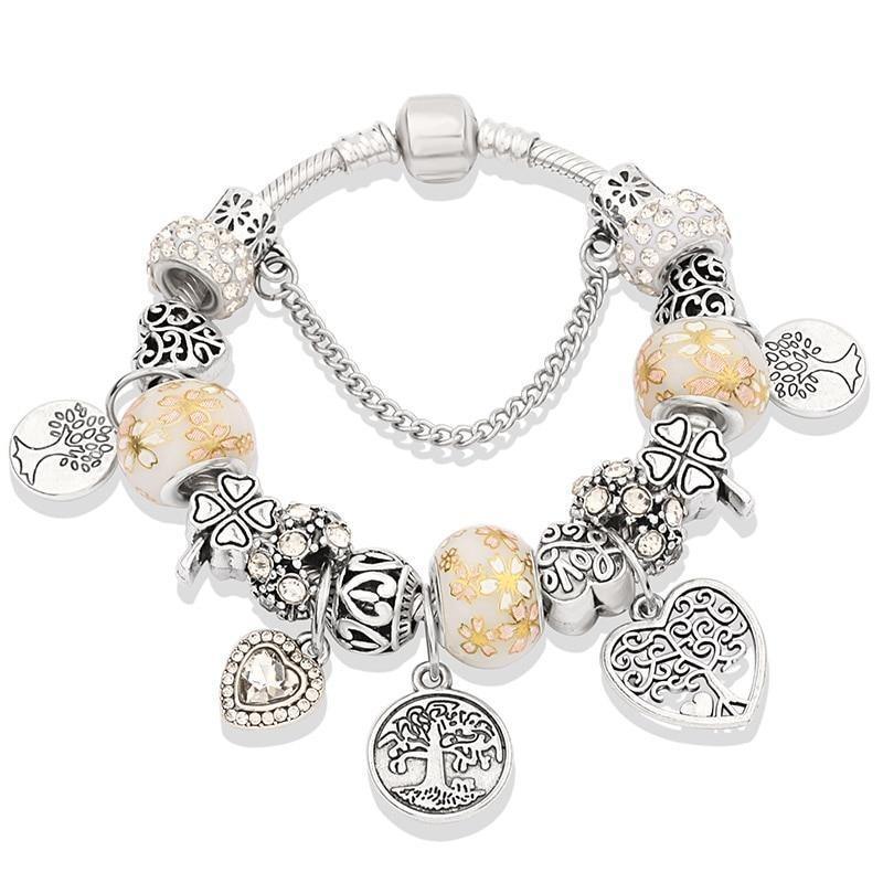 Elegant Modern Amazing Fashion New Luxury Silver Tree of Life Fashion Bracelet Green Leaf Crystal Charm Bracelet