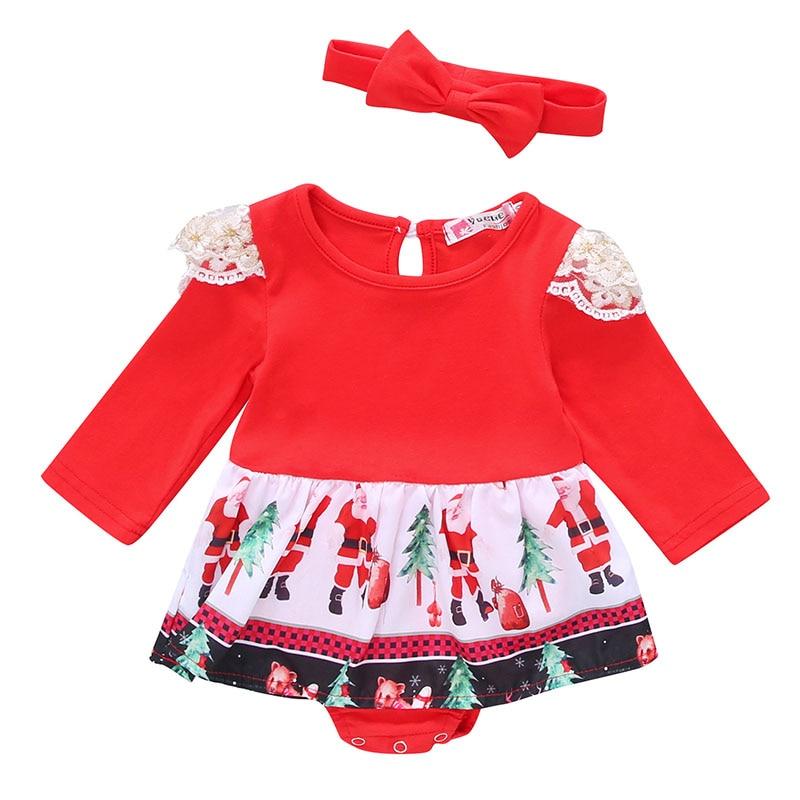 Christmas Outfits Long Sleeve Ruffles Romper Dress Cotton Santa Claus Puffy Baby Girl Party Clothes Set