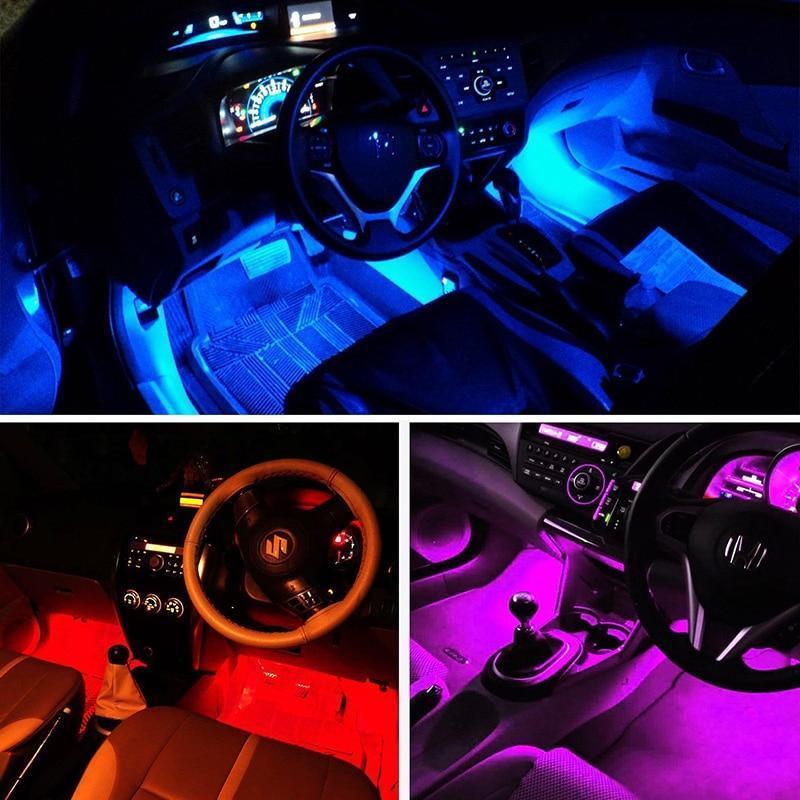 Interior Car Lights LED Car Strip Lights with Two-Line Waterproof Design RGB LED Strip Light With USB Wireless Remote Music Control Multiple Modes and Music Sync Under Dash Car Lighting with Car Charger, DC 12V