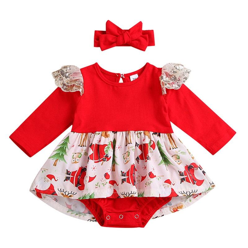 Christmas Outfits Long Sleeve Ruffles Romper Dress Cotton Santa Claus Puffy Baby Girl Party Clothes Set