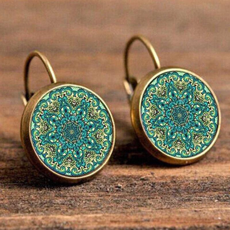 Handmade Boho Flower Drop Earrings For Women Vintage Jewelry Geometric Pattern Round Earrnings