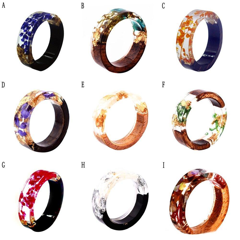 Handmade Luxury Natural Rings For Women and Men With Clear Wood Resin Ring Dried Flower Plant Decoration With Gold Paper Inside