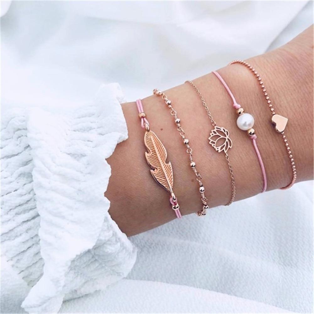 Fashion Bohemia Leaf Round Knot Cuff Bangle Gold Chain Charm Bracelet  for Women Simple Geometric Bracelets Luxury Jewelry