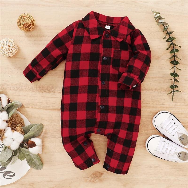 Spring Autumn Newborn Cotton  Casual classic Plaid Collar Jumpsuit for Baby Boys / Girls In Elegant Retro Modern Style