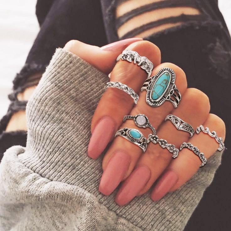 Women Crystal Finger Knuckle Rings Set For Girls Moon Lotus Charm Bohemian Ring Fashion Jewelry Gift