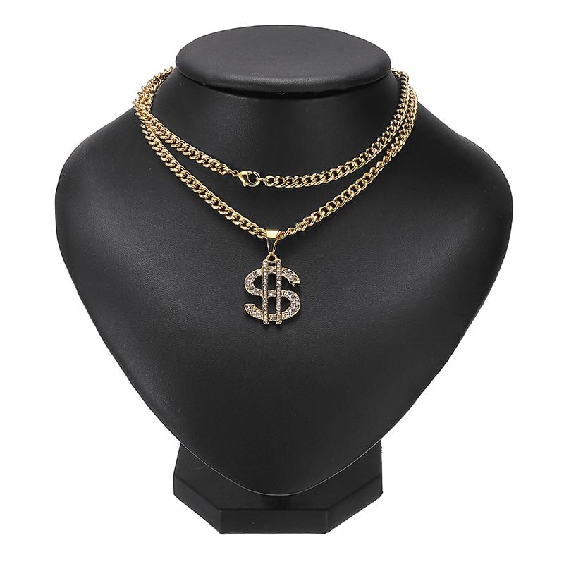 Luxury Dollar Shiny Diamond Pendant Necklaces Luxury Gold Color Long Chain Necklace Men adn Women Accessories