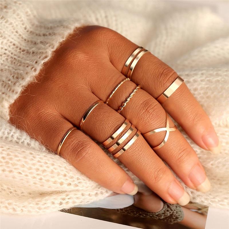 Original Design Gold Color Round Hollow Geometric Rings Set For Women Fashion With Cross Twist Open Ring Design