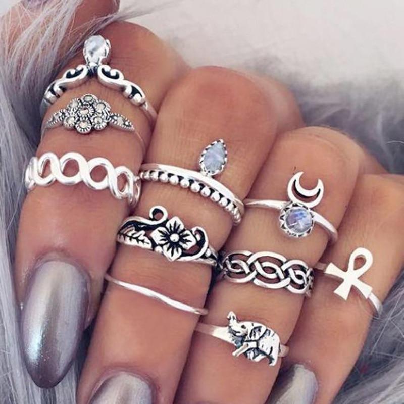 Boho Women Rings Set Compass Arrow Starfish Wave Moon Eyes Gem Gold Silver Color Opening Midi Ring Charm Lady Jewelry