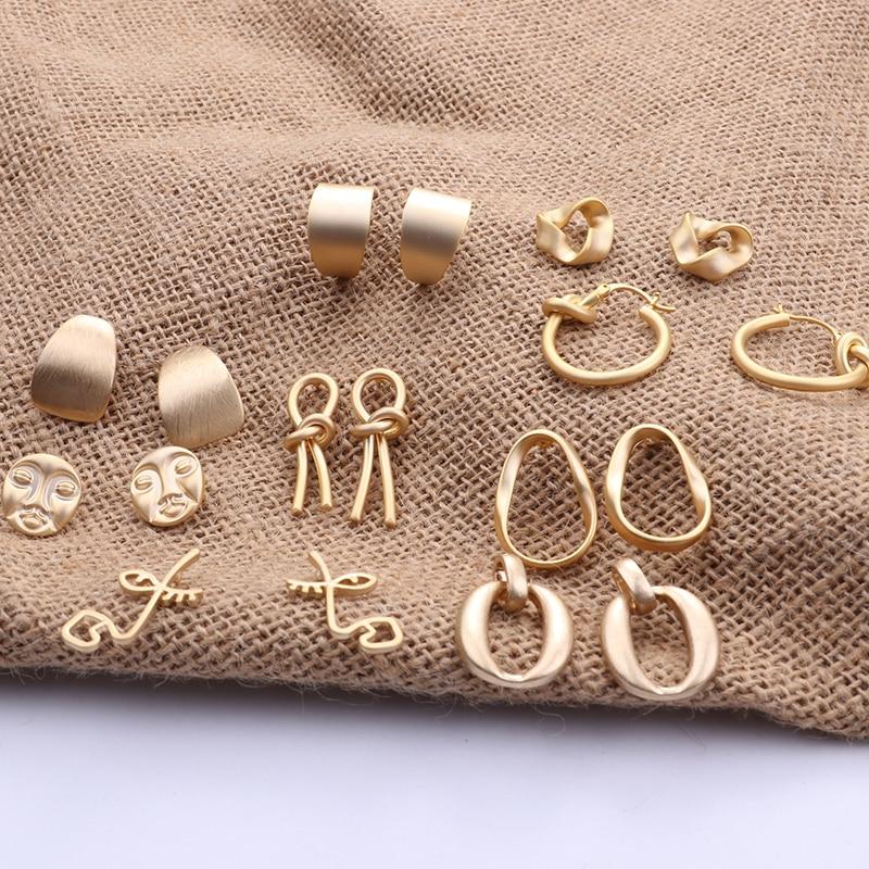 Modern Fashion Korean Luxury Metal Gold Color Stud Earring Elegant Simple Geometric Camber Circle Fine Knot Face Matte Irregular Ellipse Women Girl Jewelry