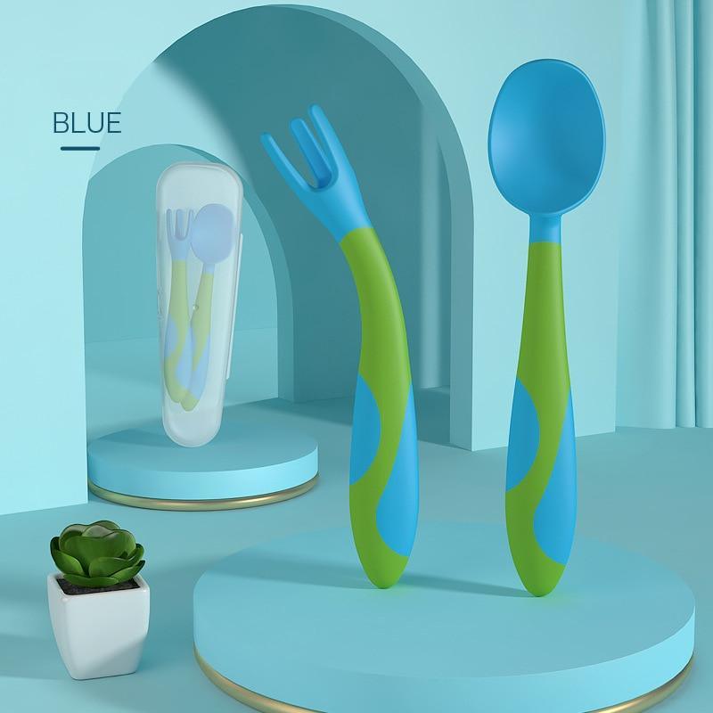 New Baby Training Twist Spoon And  Fork Silicone Feeding Infant Food Grades  Soft Head Children's Cutlery  With Storage For Boys And Girls