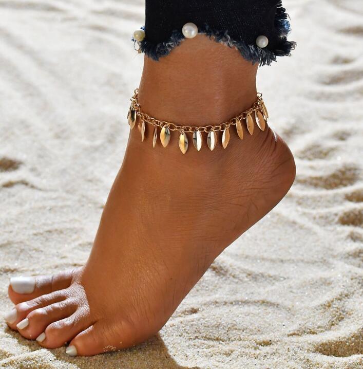 Gold Metal Shell Coconut Tree Female Anklets Barefoot Sandals Foot Summer Double Layers  Foot  Bracelets Leg Jewelry