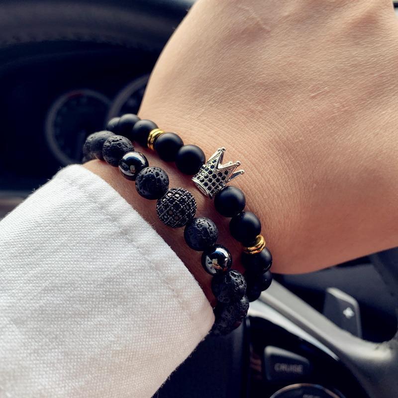 Modern New Fashion Crown And Lion Charm Elegant Bracelet For Men Classic Matte And Lava Stone Set Luxury Bracelet For Men Pave CZ Jewelry Gift