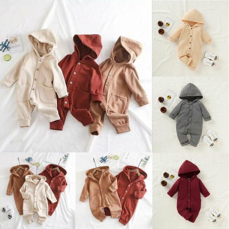 Newborn Clothing Solid Long Sleeve Hooded Button Pockets Romper Winter Warm Jumpsuit for Girls and Boys