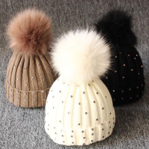 Fashion TrendBaby Girls Lovely Winter Warm Fur kintted Pompom Beanies Cap For Winter In Elegant Style