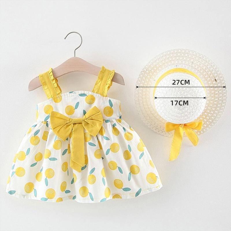 Luxury Modern Baby Girls Dresses With Hat 2pcs Clothes Sets Kids Clothes Baby Sleeveless Dress Print Floral Fruit Design Style