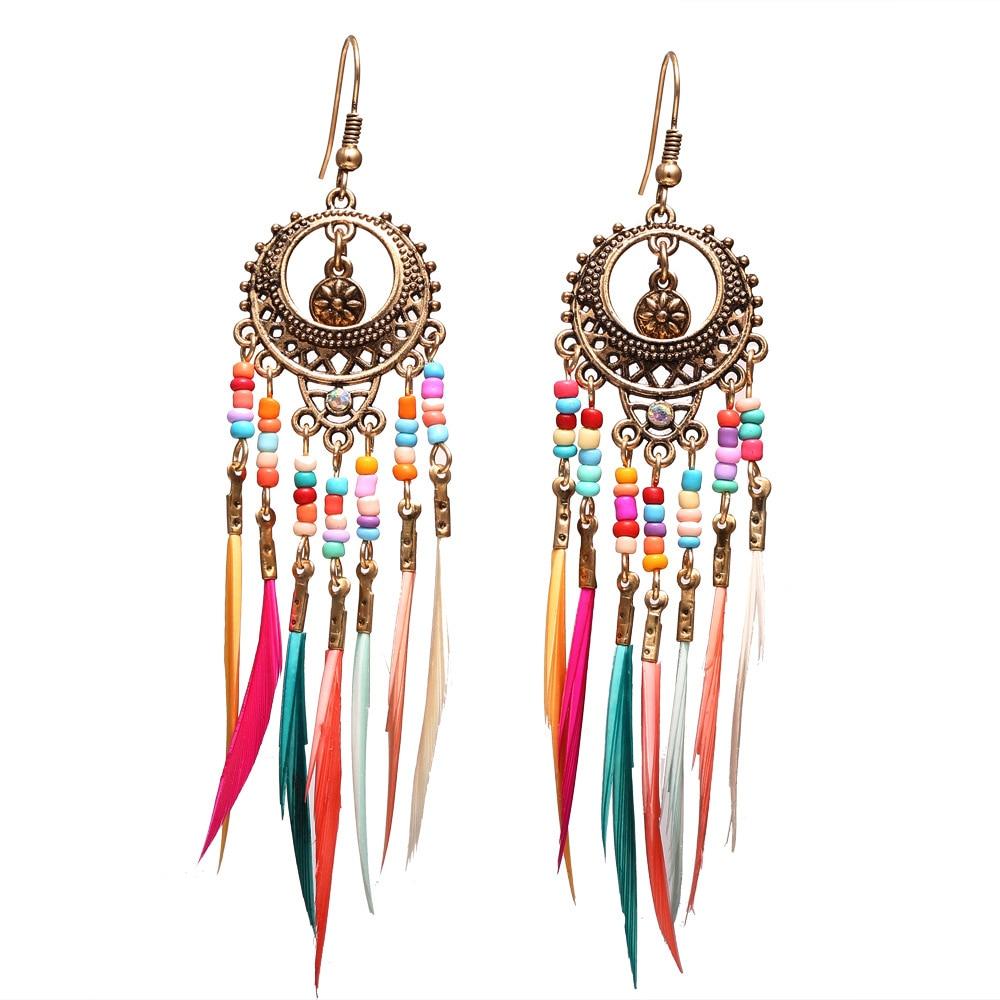 Handmade Modern Elegant Golden Silver Color Ethnic Acrylic Luxury Rainbow Beads Feather Drop Earrings for Women Boho Jewlery