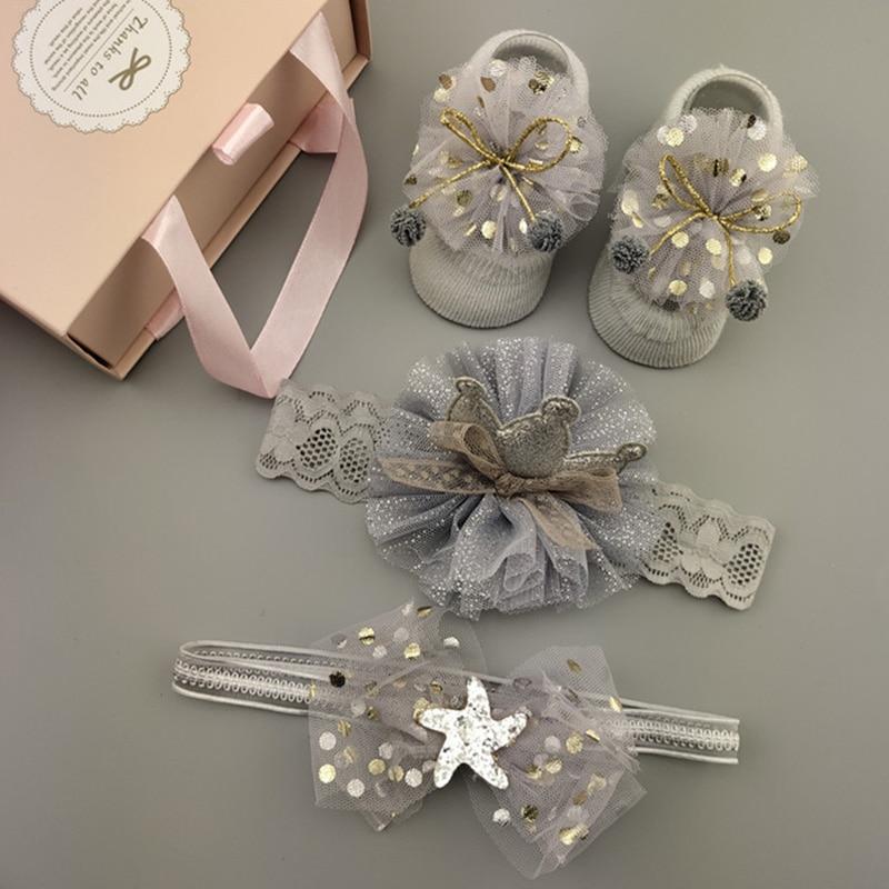 Flower Baby Girl Headband Socks Set Shoes With  Crown Bows Newborn Headbands For Girls Turban Baby Hair Accessories