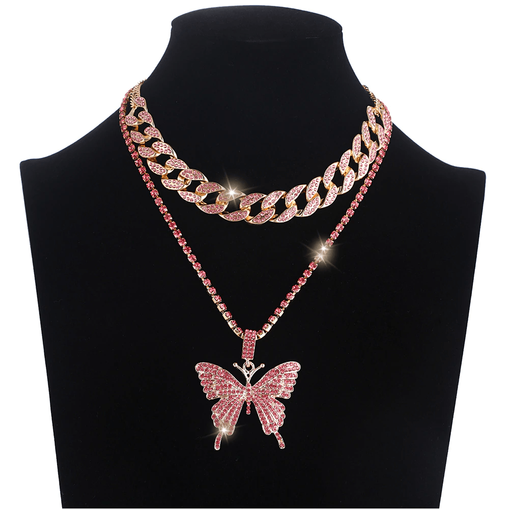 Iced Out Butterfly Necklace Set Cuban Link Chain Choker Necklace For Women and Girls Butterfly Chains Bling Hip Hop Pendant Jewelry Set