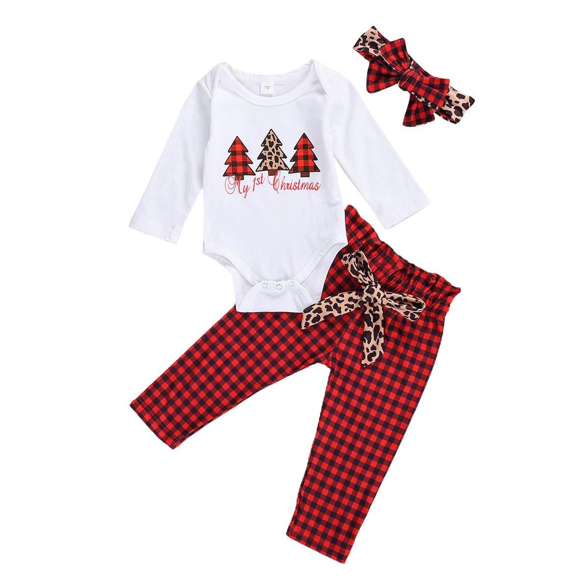 Newborn Baby Boys Girls Christmas Tree Printed Pullover Top and Leopard Pants Christmas Outfits 3pcs