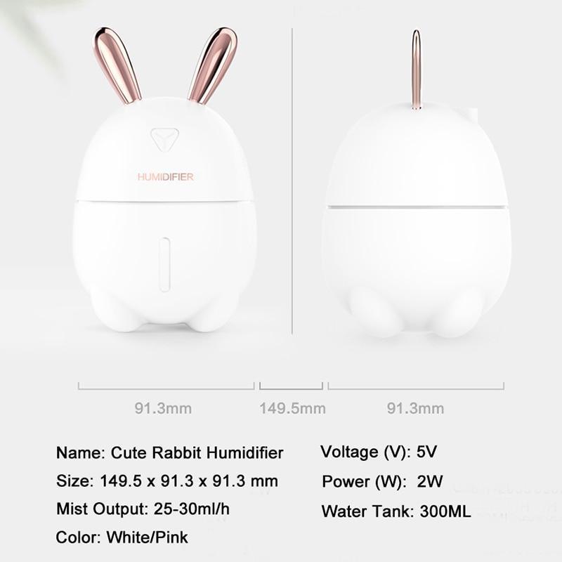 300ML Mini Air Humidifier Cute Rabbit USB Aroma Essential Oil Diffuser Colorful Night Light Car Office  Mist Maker