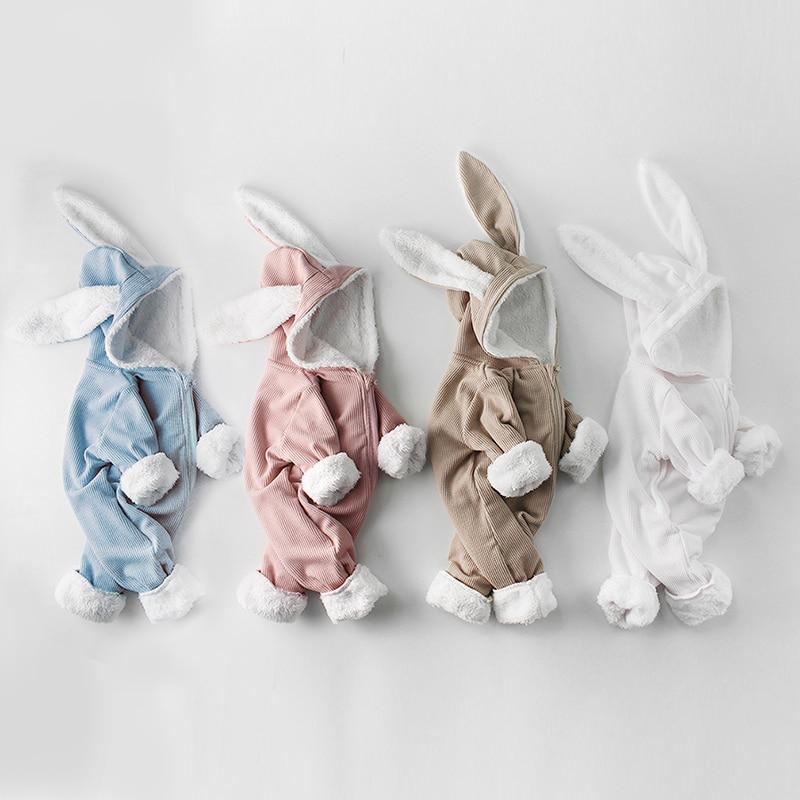 Winter Baby Rompers Newborn Boys Girls Clothes Rabbit Ear Hooded Jumpsuit infant In Luxury Rabbit Design