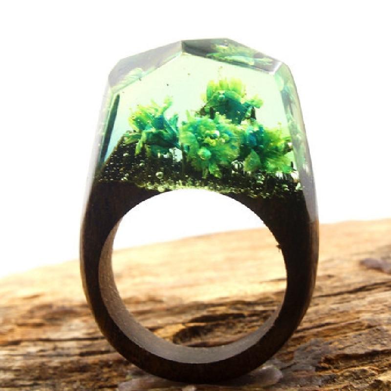 Luxury Handmade Unique Unisex Ring For Womens and Men  Wood Resin Ring Handmade Snowy Mountain Forest Micro Landscape Wooden Rings