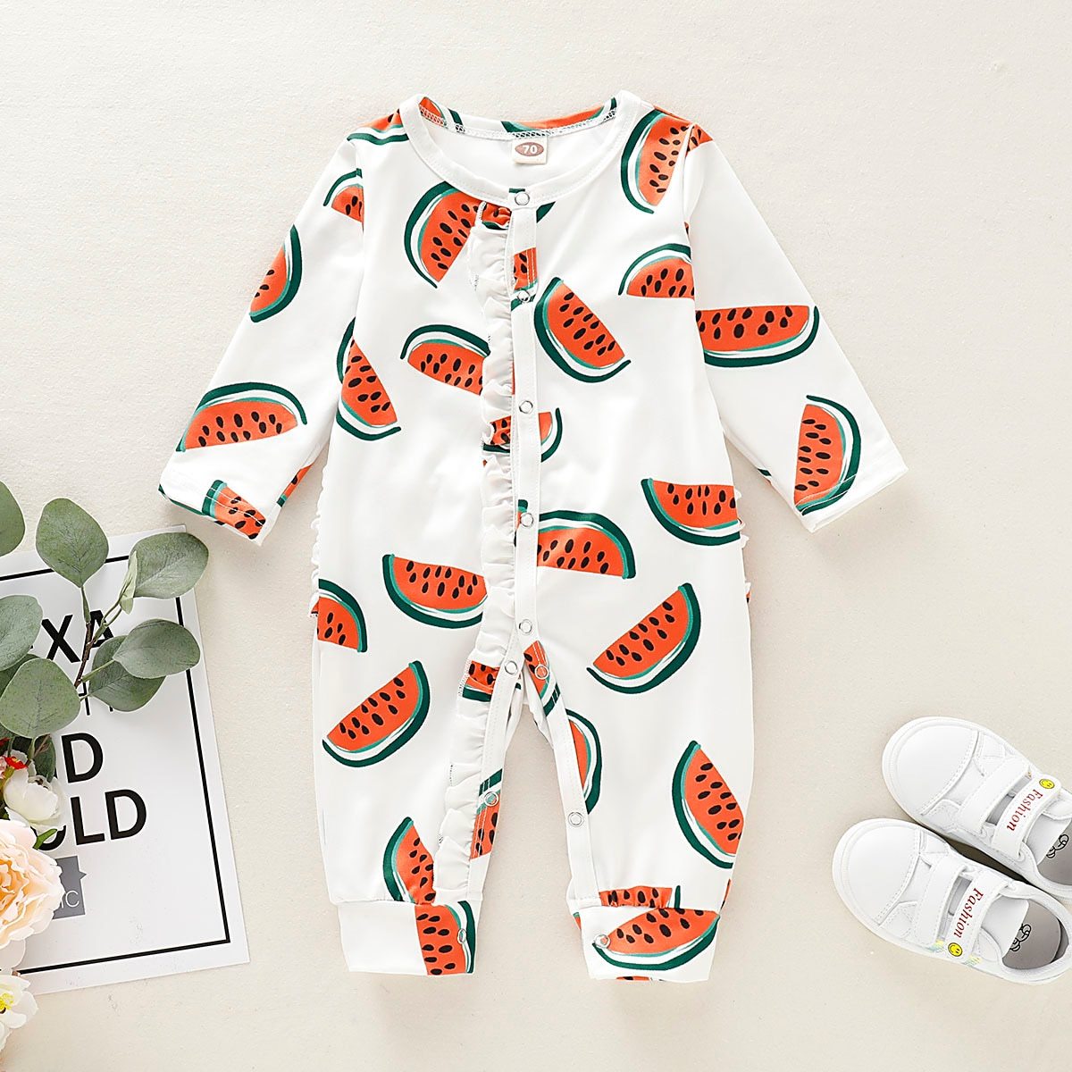 Newborn Toddler Watermelon Print Romper With Long Sleeve Wrapped Foot Jumpsuit For Babies