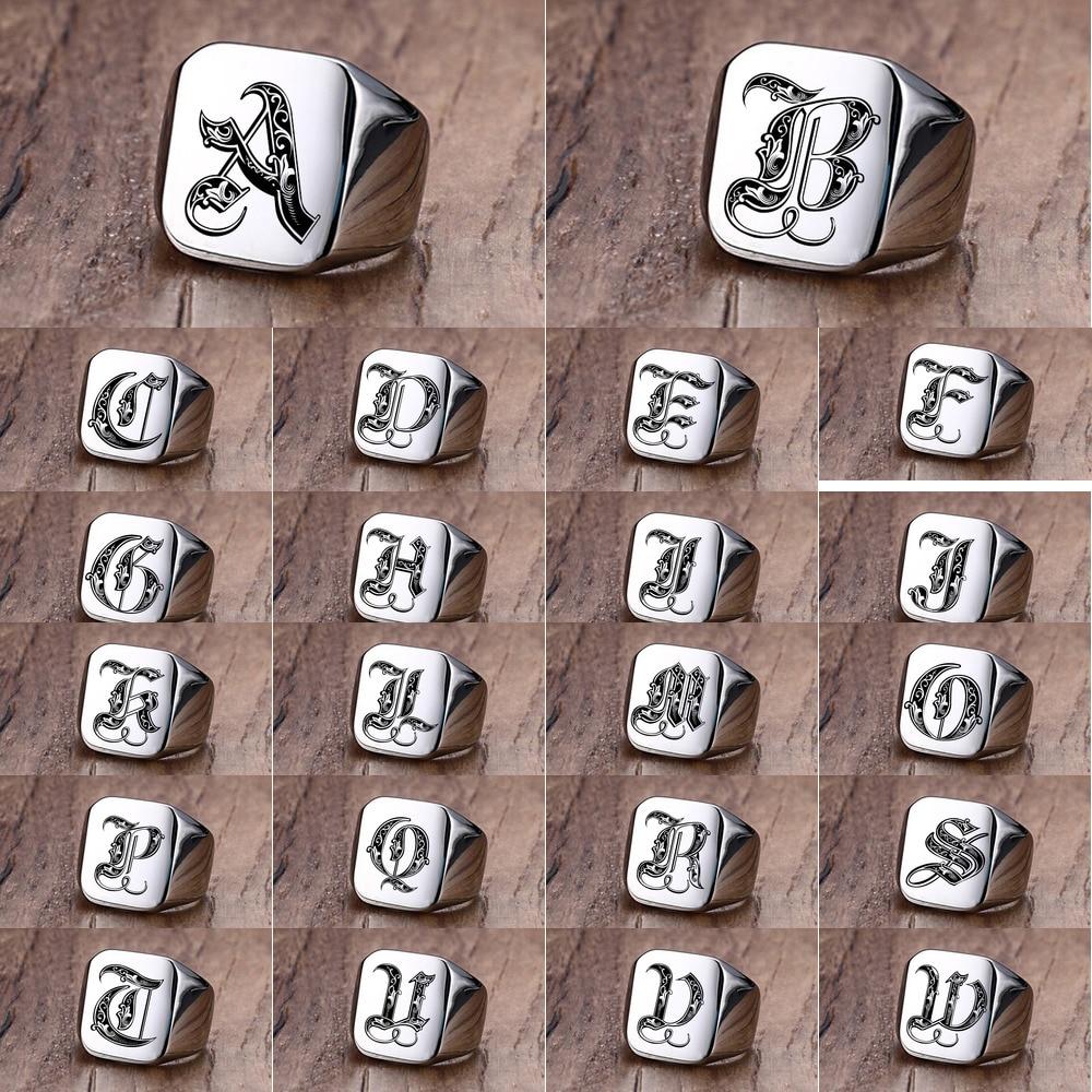 Modern Letter Retro Initials Signet Ring for Men 18mm Bulky Heavy Stamp Male Band Stainless Steel Letters Custom Jewelry Gift for Him