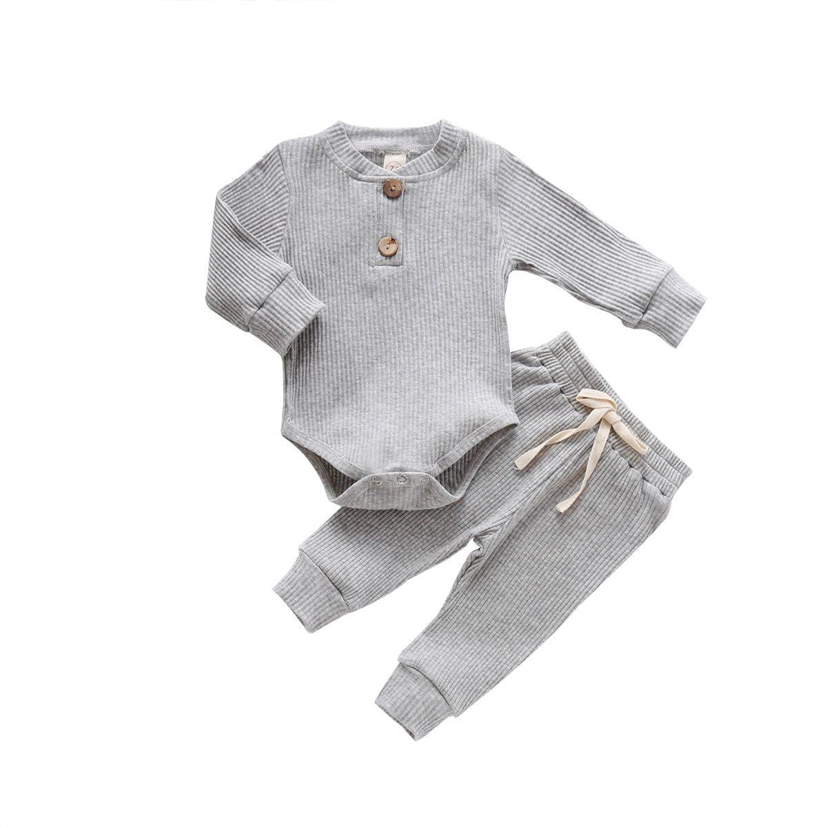 Infant Newborn Baby  Spring Autumn Ribbed Solid Clothes Sets Long Sleeve Bodysuits , Elastic Pants 2PCs