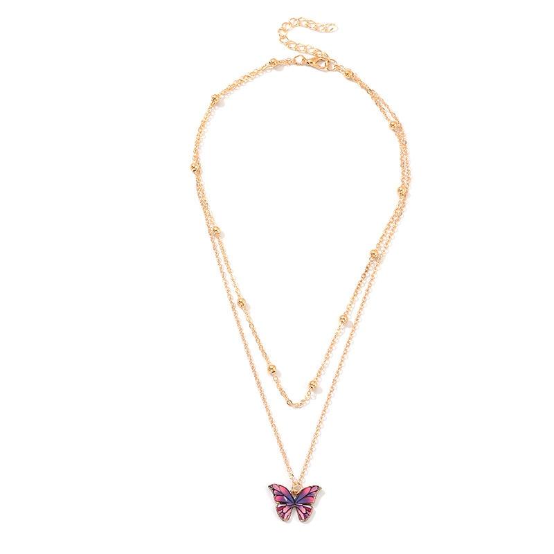 Luxury European Women Butterfly Pendant Necklaces Colorful Rhinestone Gold Chain Simple Choker Necklace