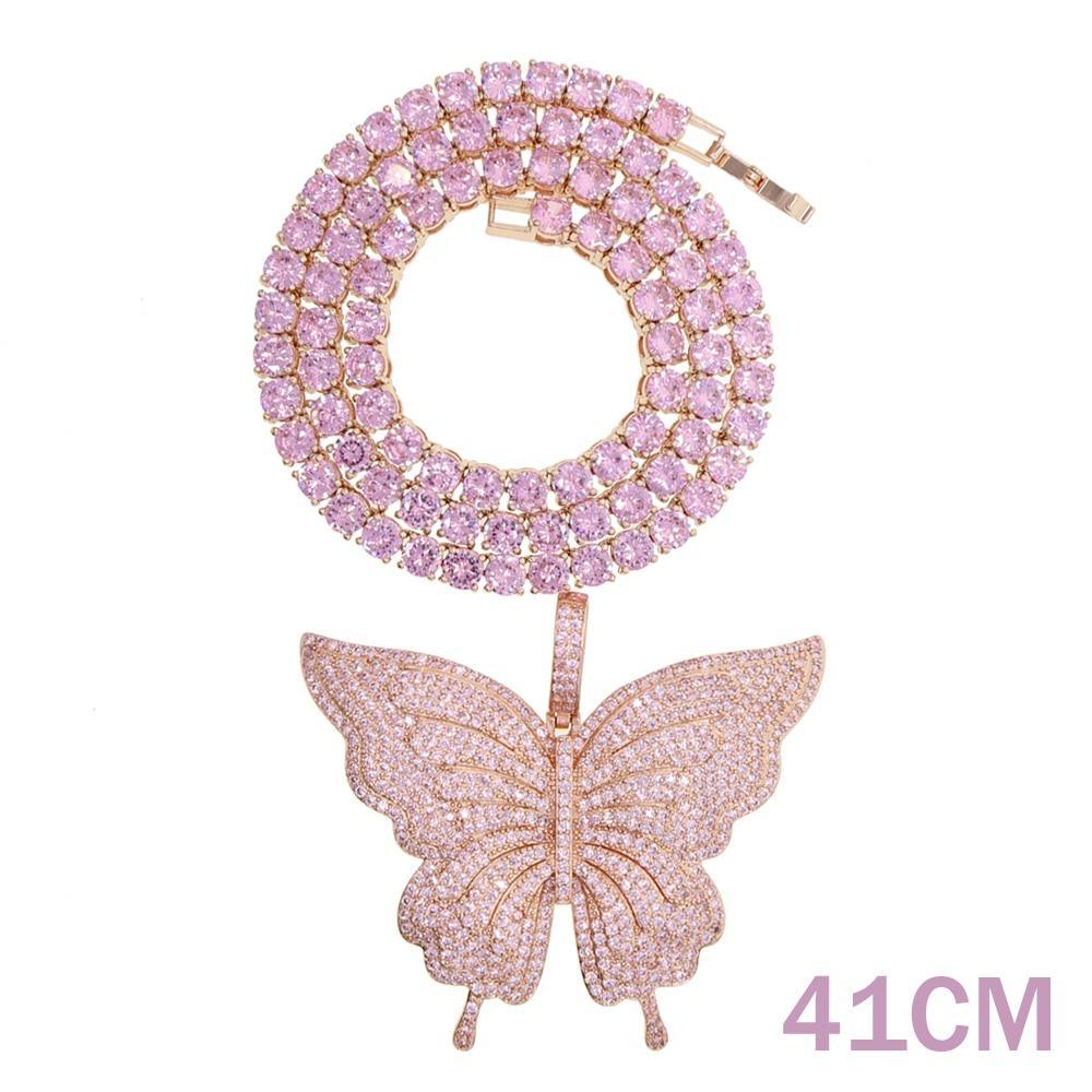 Luxury Elegant Miami Cuban Link Chain Butterfly Charm Choker Necklace Bling In Hip Hop Jewelry Style For Men and Women