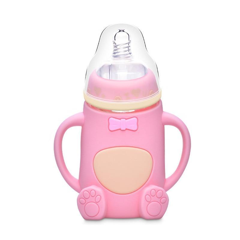 Infant Cartoon Baby Cute Feeding Glass Bottle Safe Silicone Milk Bottle With Handle Newborn Drink Training Colorful Feeding Bottles