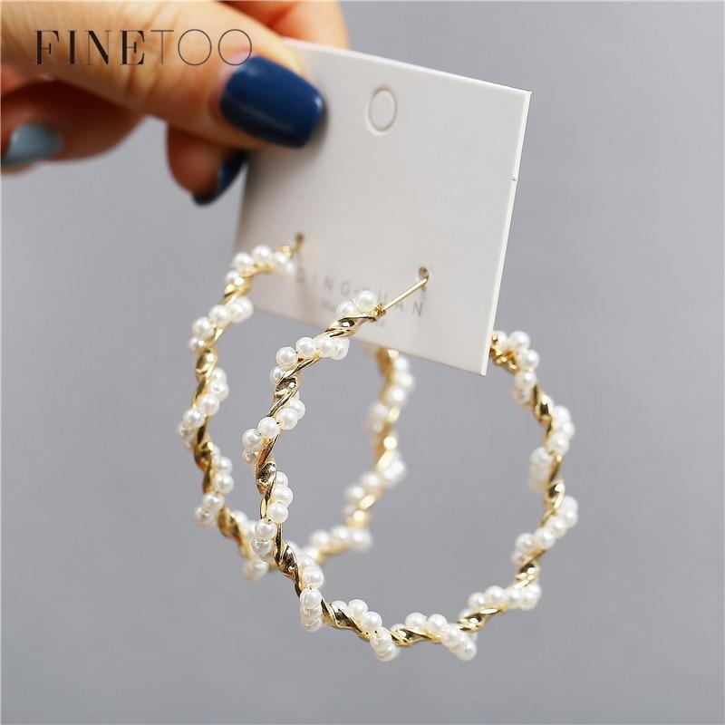 Elegant Plain Gold Metal Pearl Hoop Earrings In Fashion Big Circle Style For Women