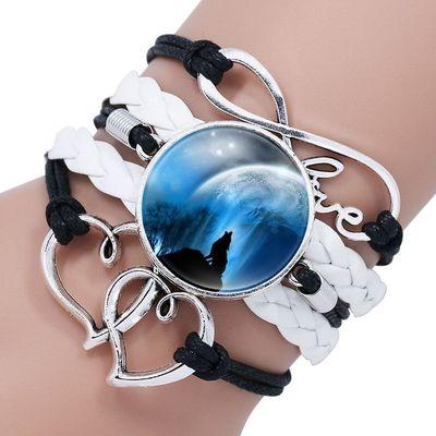 Classic Retro Wolf Head Elegant Bracelet Leather Bangle Luxury Bracelet Jewelry Boho Glass Moon Men Wrap Bangles For Men Women
