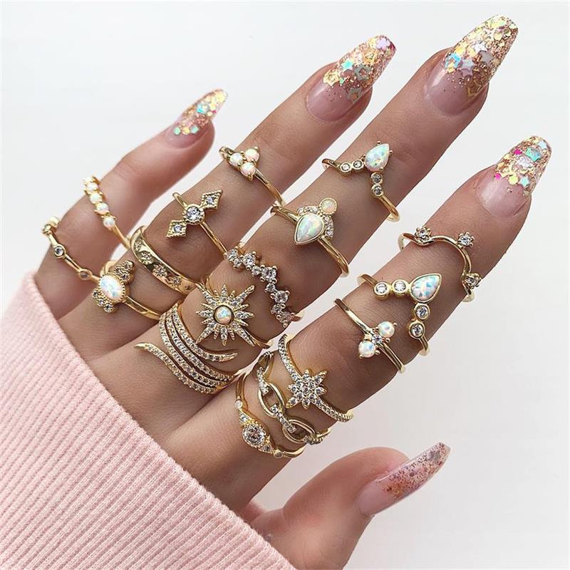 Boho Vintage Gold Star Knuckle Rings For Women BOHO Crystal Star Crescent Geometric Female Finger Rings Set Jewelry