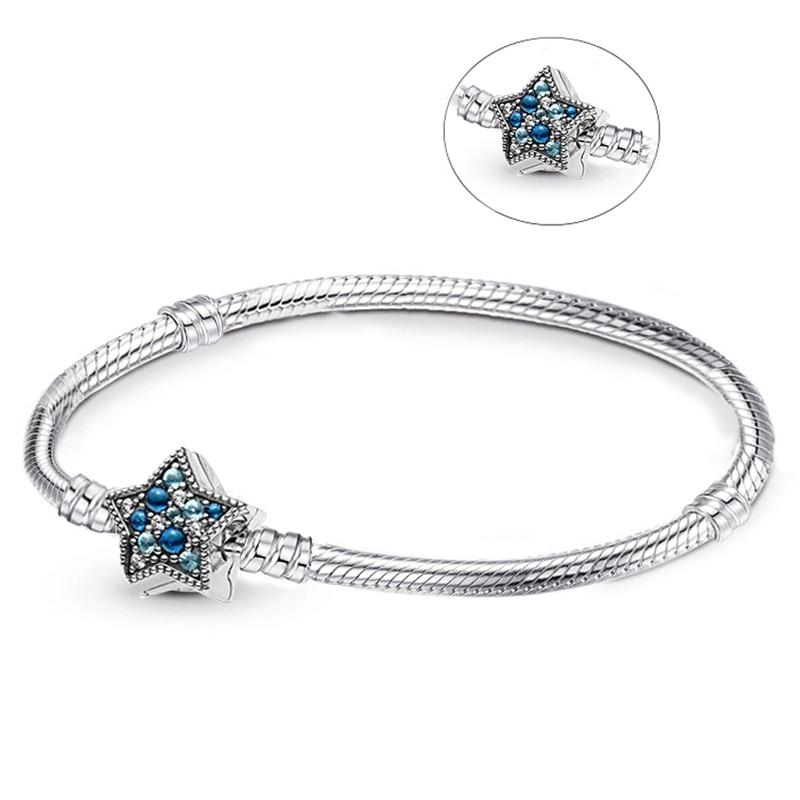 Luxury Modern High Quality Authentic Silver Color Snake Chain Fine Bracelet Fit European Charm Bracelet for Women With Heart and Star