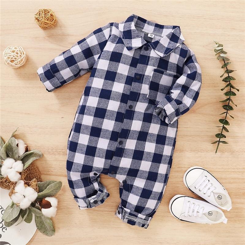 Spring Autumn Newborn Cotton  Casual classic Plaid Collar Jumpsuit for Baby Boys / Girls In Elegant Retro Modern Style