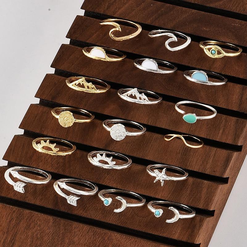 Boho Women Rings Set Compass Arrow Starfish Wave Moon Eyes Gem Gold Silver Color Opening Midi Ring Charm Lady Jewelry