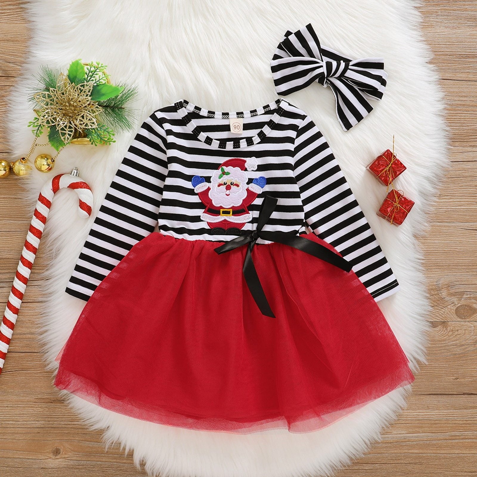 New Dress Baby Girls Christmas Santa Striped Print  Dress And Headband Outfits Children